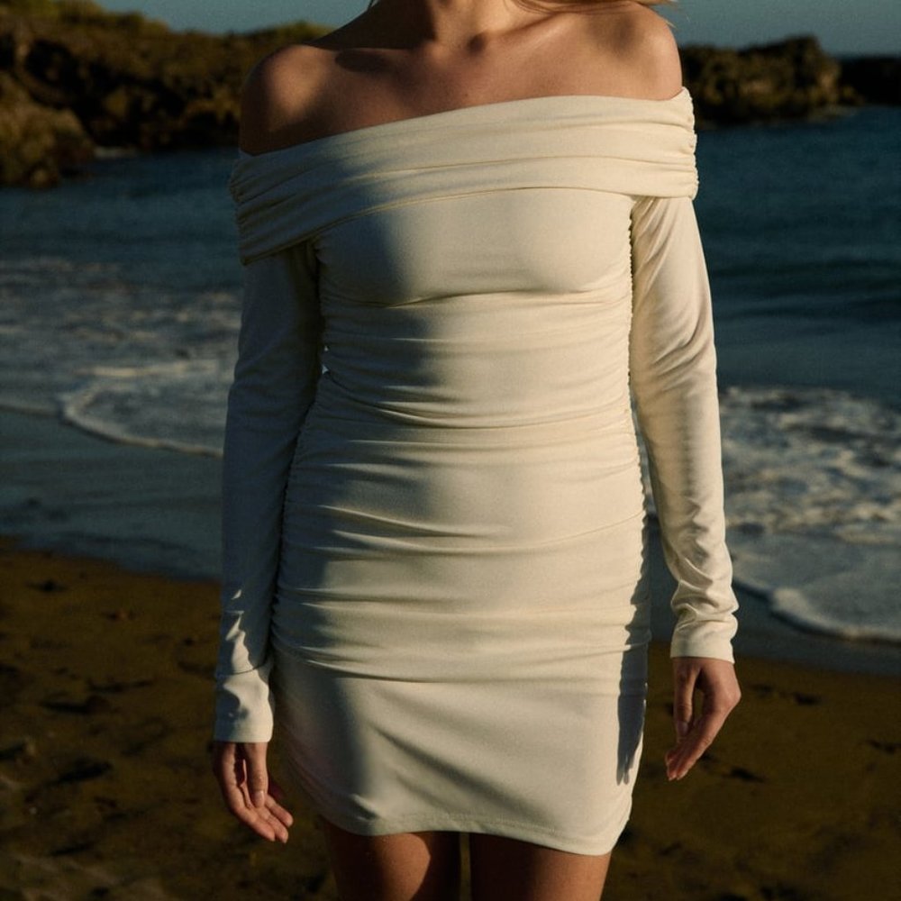 NWT ECRU OFF THE SHOULDER MINI DRESS WITH RUCHING.